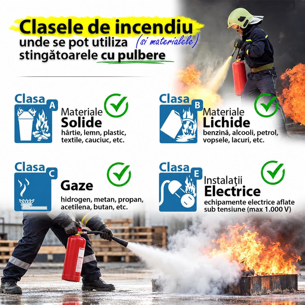 Clasele de incendiu la care se folosesc stingatoarele cu pulbere ABC: solide, lichide, gaze si instalatii electrice